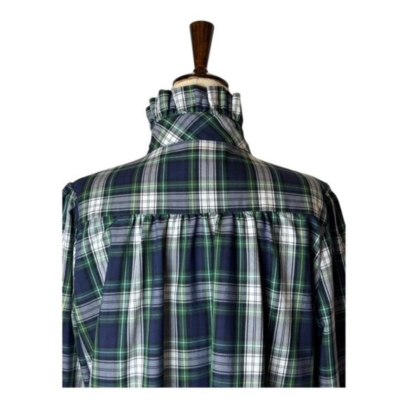 CK Bradley Shirt Women Large Navy Blue Plaid Collared Ruffle Cuff Popover Preppy - Picture 6 of 12